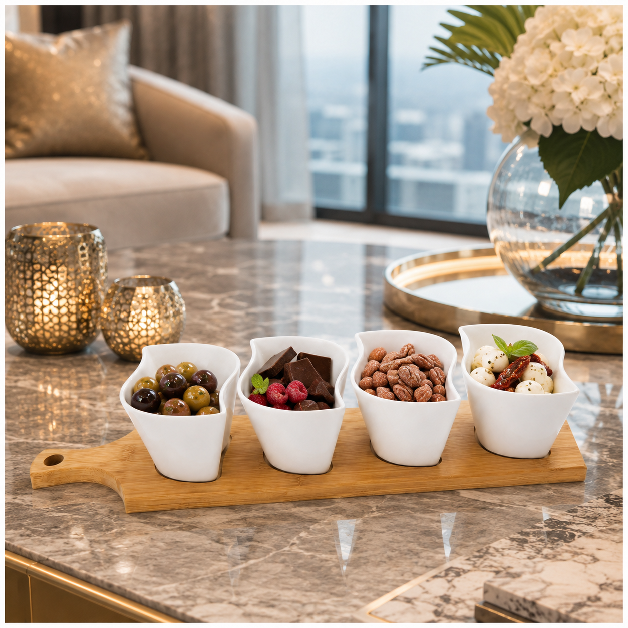 Elegant Ceramic Dipping Bowl Set with Bamboo Serving Paddle Board –