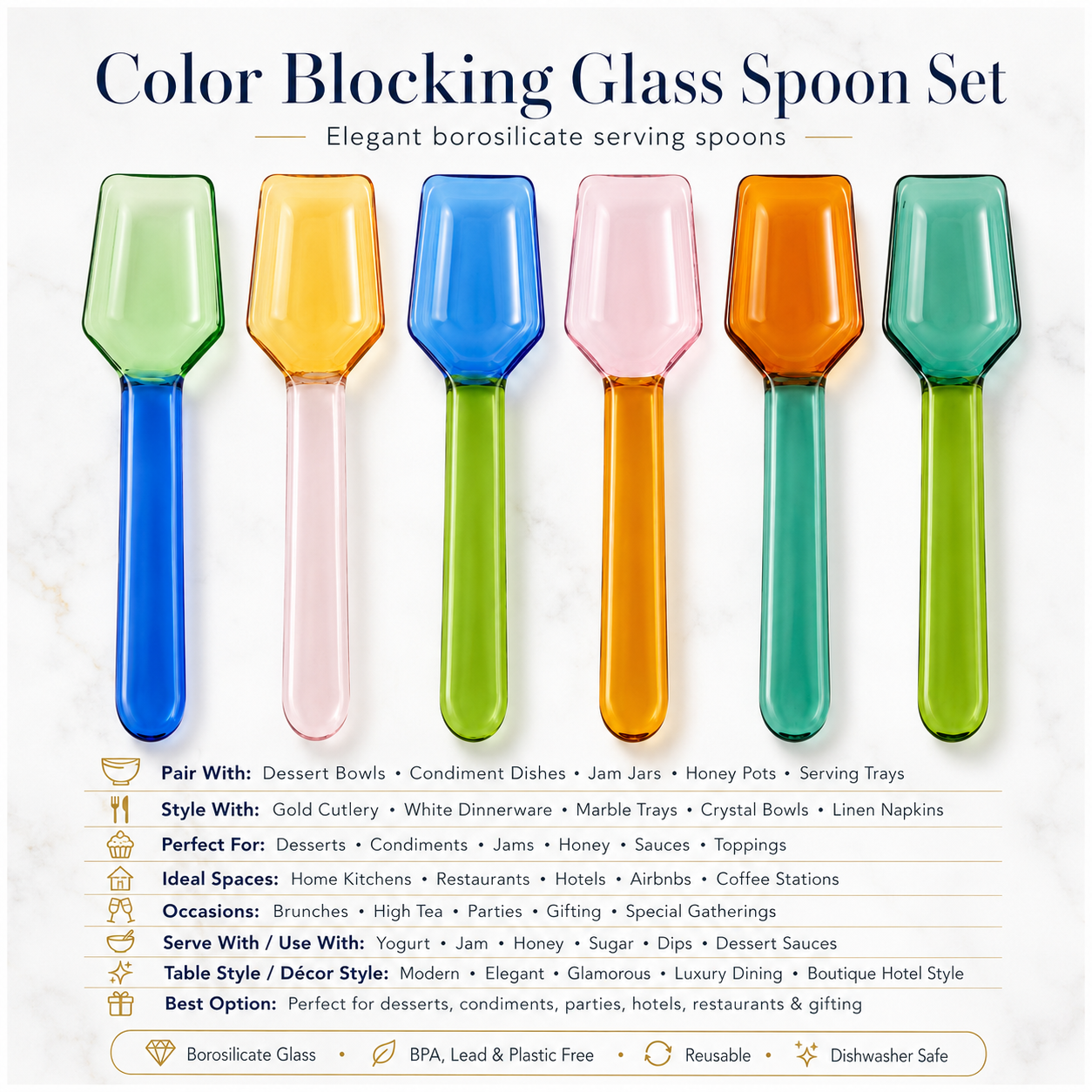 High Quality BPA Free-Color Blocking Borosilicate Glass Spoon-Set of 6- 9cm