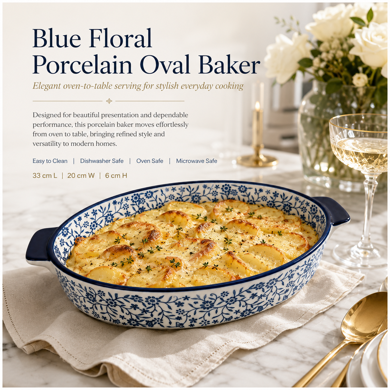 33cm Blue Floral Porcelain Oval Baking Dish with Handles