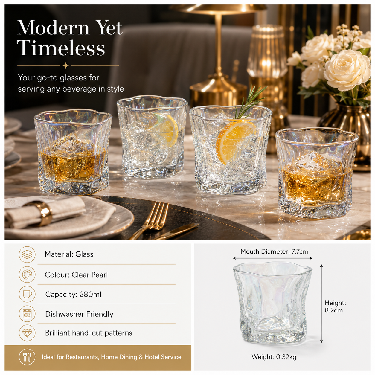 Luxury 4-Piece Twisted Shining Pearl Crystal-Look Glass Set – 280ml