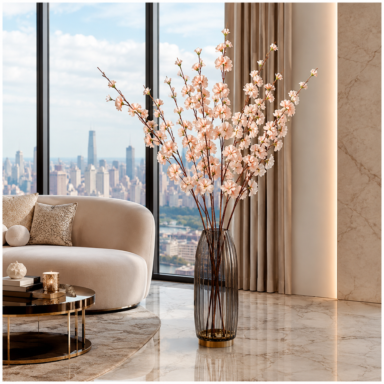 Elegant Faux 2 Cherry Blossom Stems - 85cm- White or Peach Floral Decor