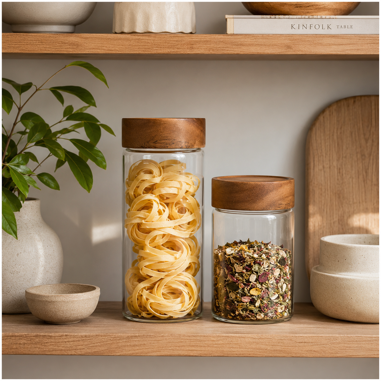 2-Piece Glass Storage Jar Set with Solid Acacia Wood Lids – 580ml and 500ml