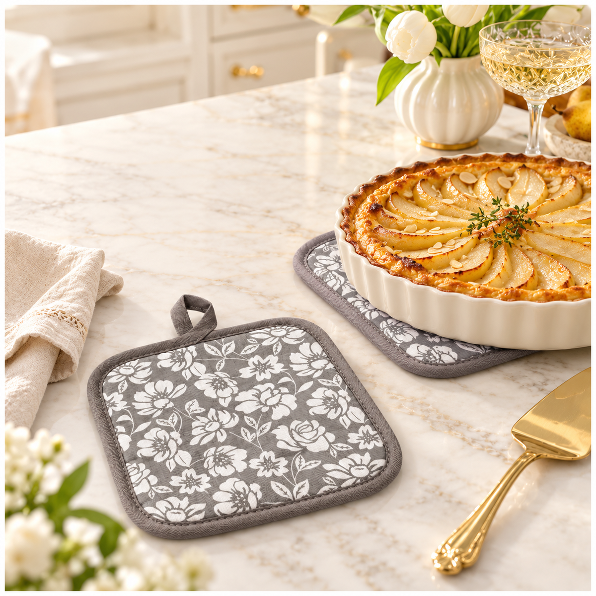 Essential Heat-Resistant Cotton Potholder Set of 2 – Grey and White - 20 cm