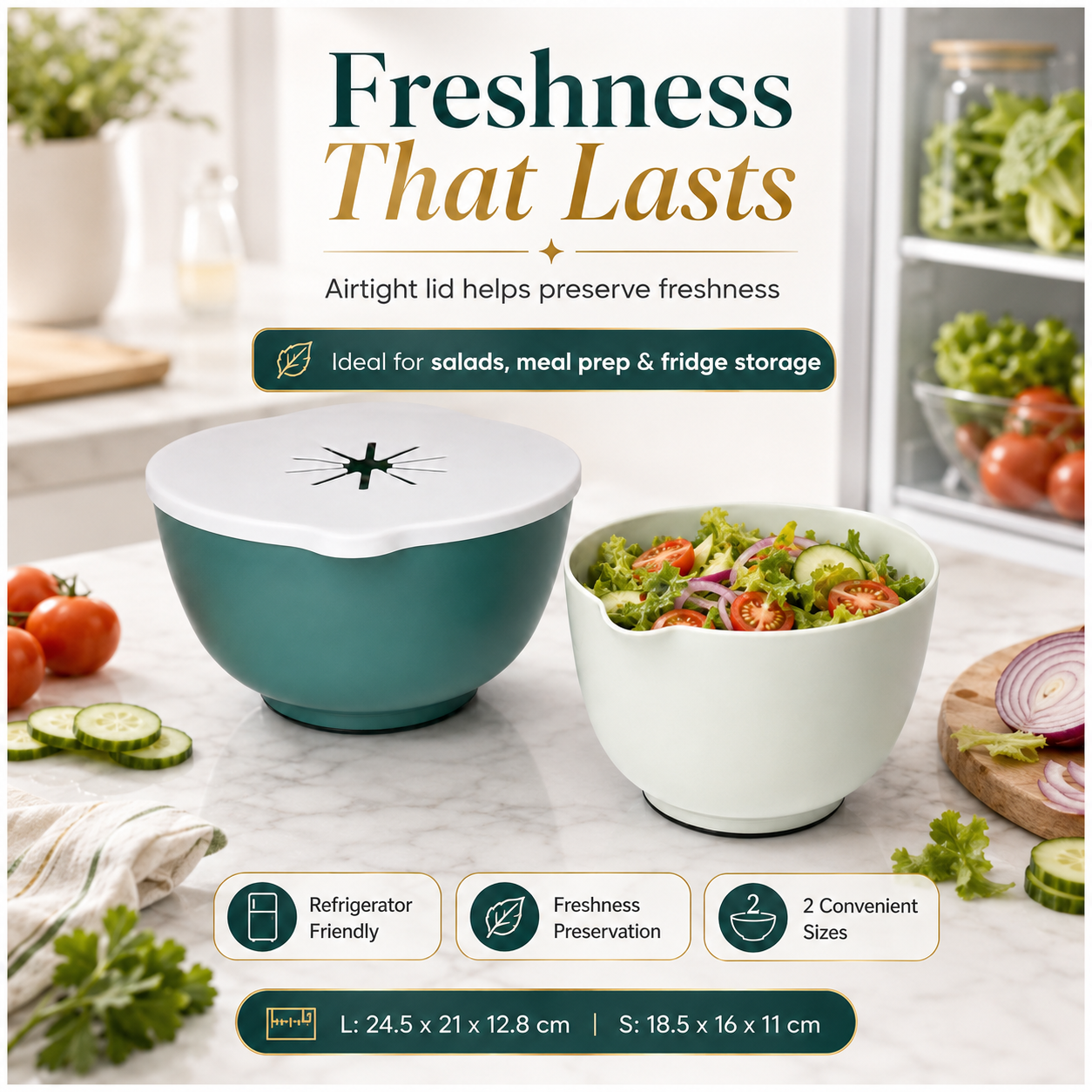 Essential 3 Piece Mixing Bowl Set with Lid – 2 Sizes- Baking Prep BowlS