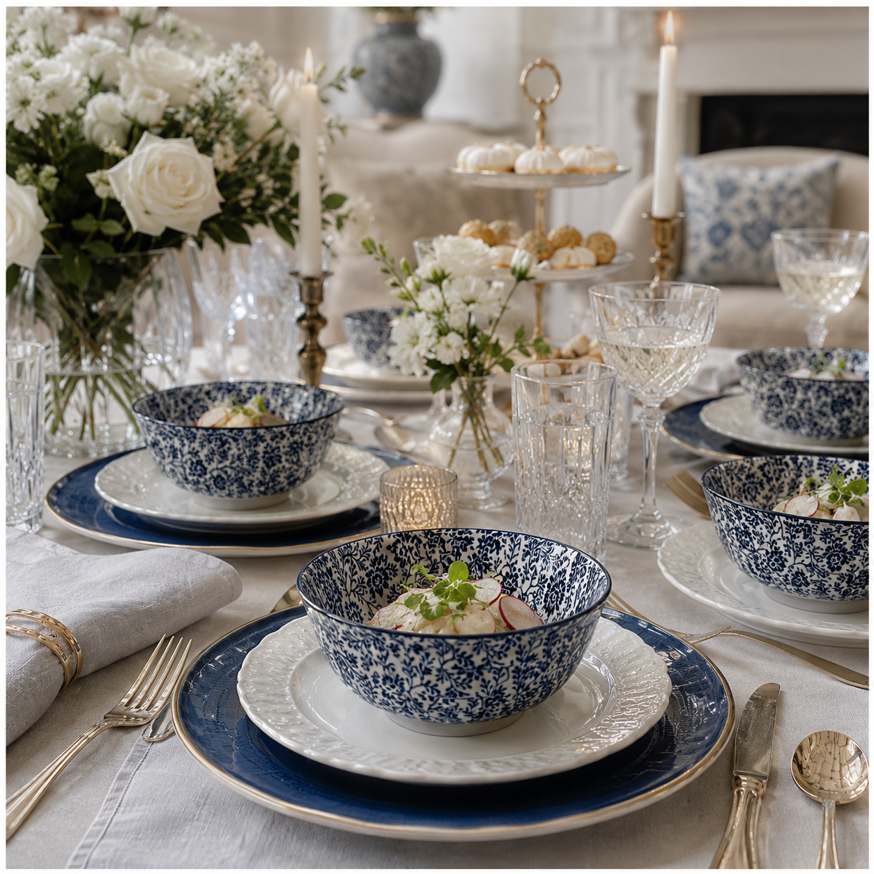 Elegant 5-Piece Blue Floral Fine Porcelain Bowl Set – Fine Dining - 16 cm