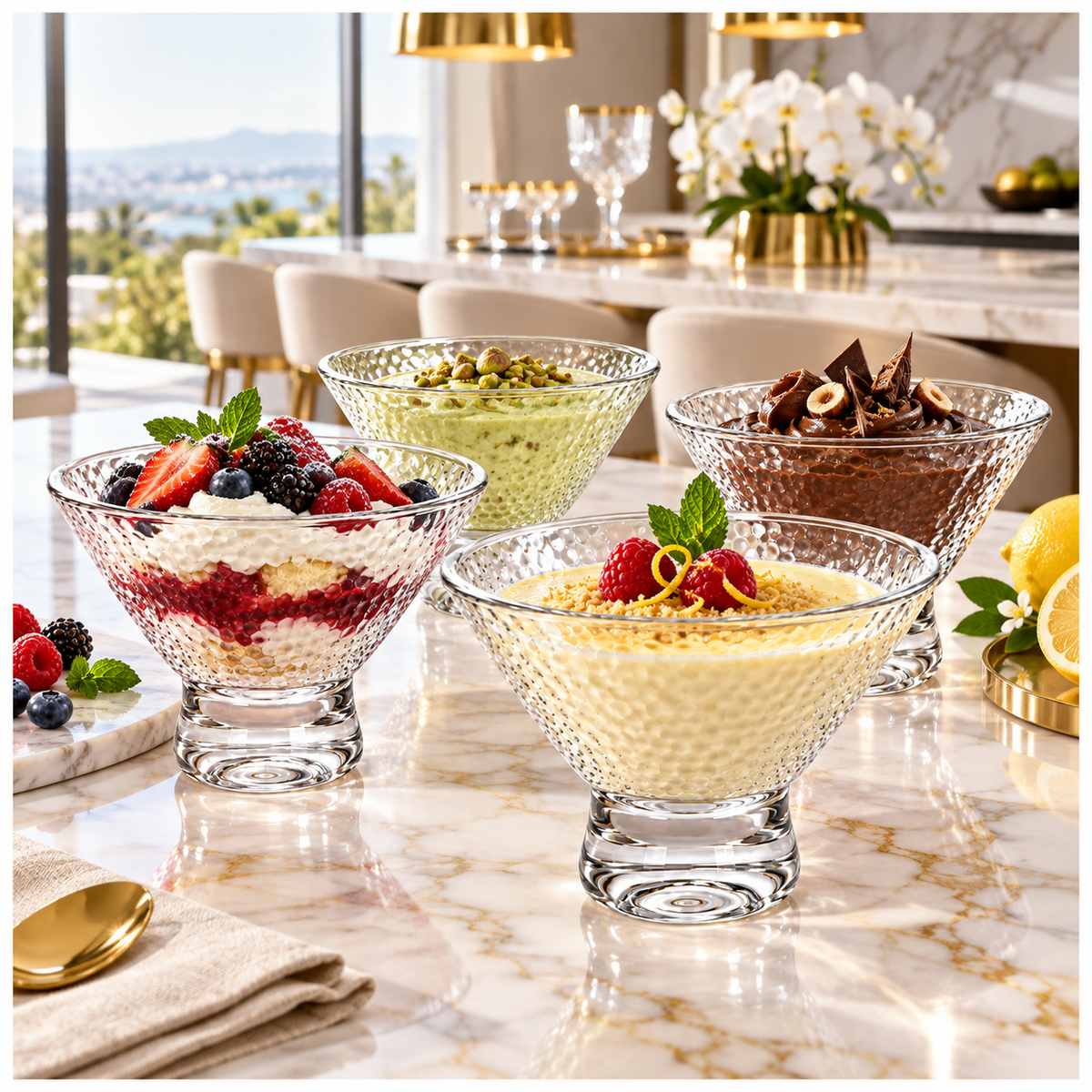 Elegant Glass Footed Dessert Bowls 180ml – Clear Textured Set of 4