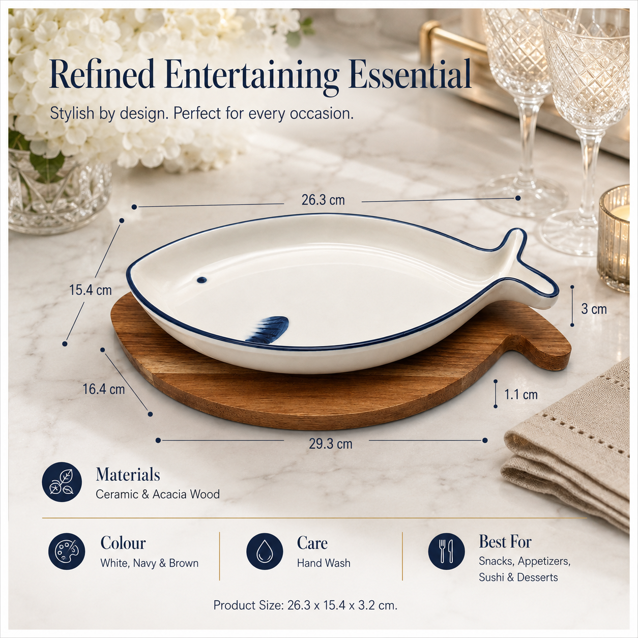Fish Shaped Snack Serving Platter with Wooden Tray – Ceramic & Acacia Wood Serveware Set