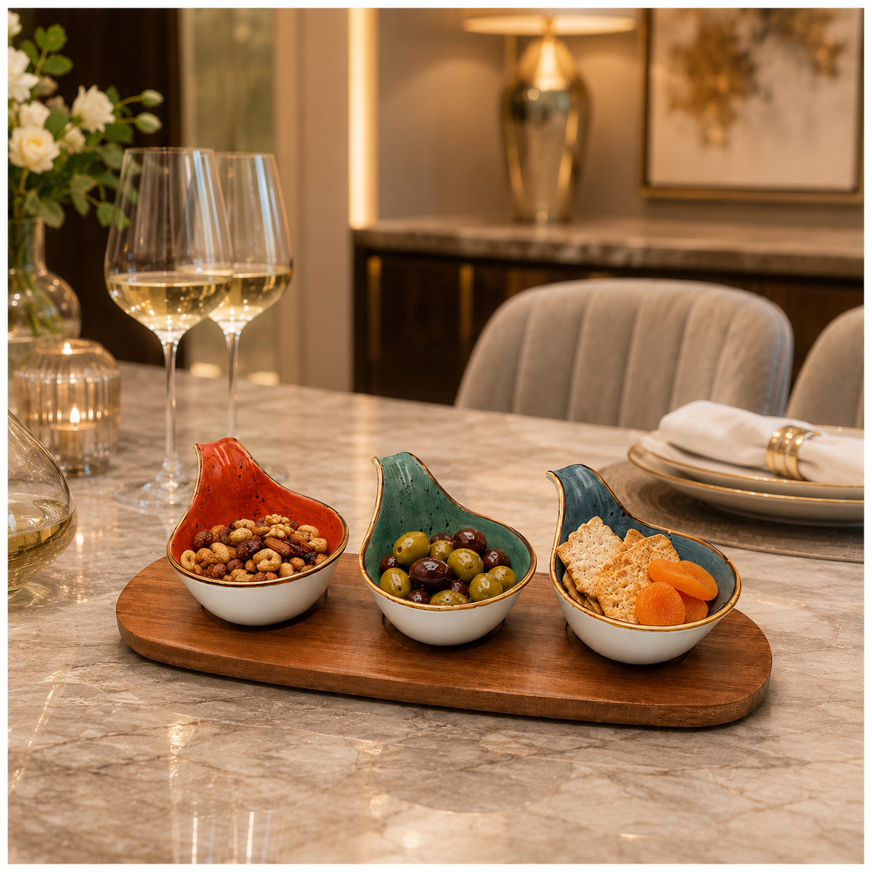 Elegant 3-Piece Ceramic Snack Bowl Set with Acacia Wood Serving Board