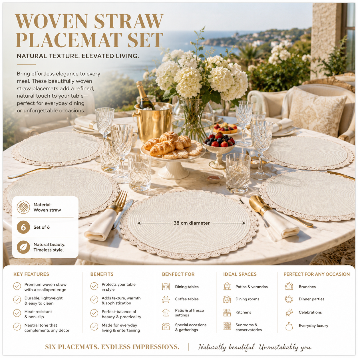 6-Piece Round Woven Straw Placemats with Scalloped Edge – 38cm