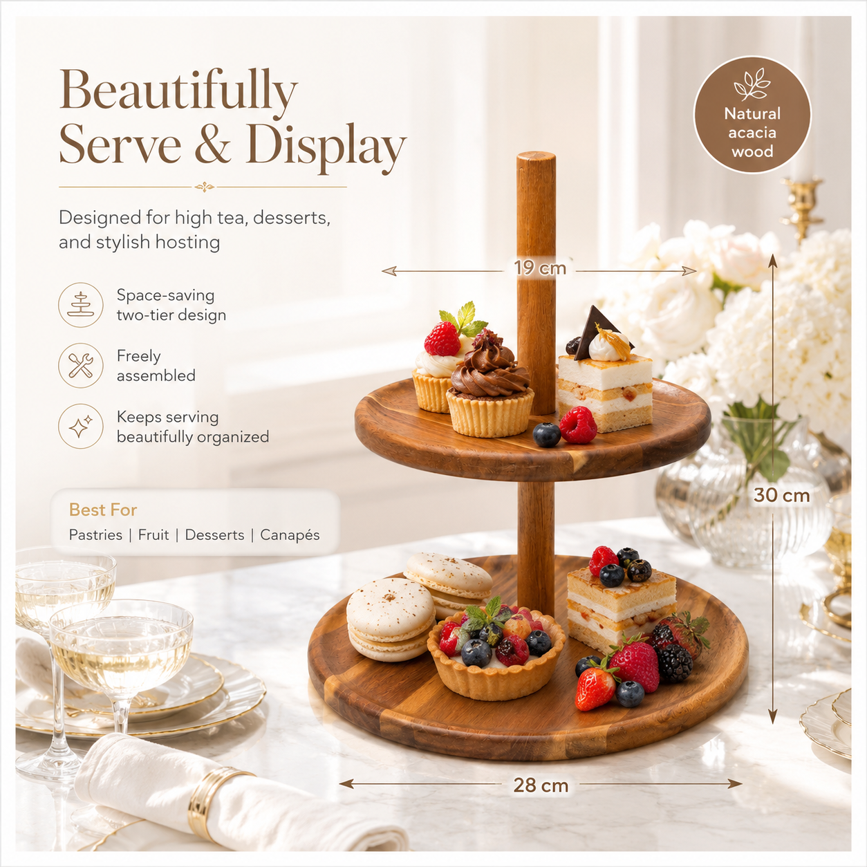 Natural Acacia 2-Tier Round Serving Platter - Wooden Display Stand - 28cm