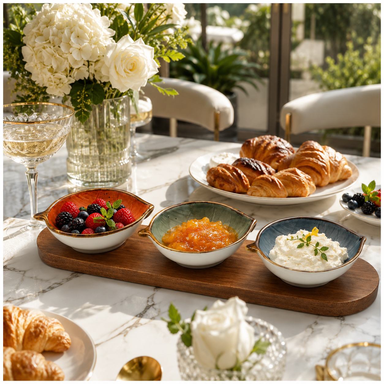 Elegant 4-Piece Leaf Bowl Serveware Bowls Set With Acacia Board - 33 cm