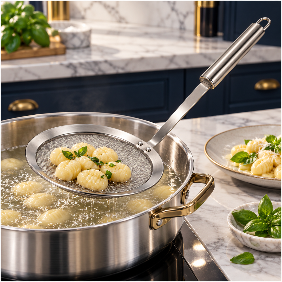 Stainless Steel Fine Mesh Strainer and Skimmer - Long Round Handle Silver