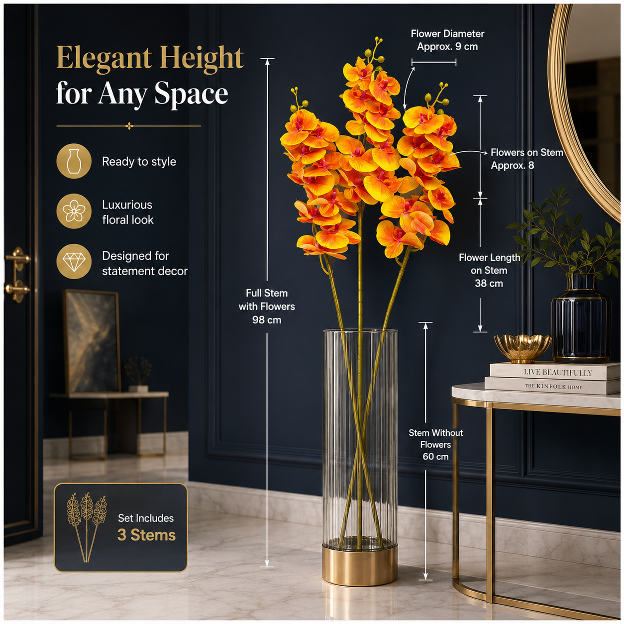 3-Piece Elegant Orchid Flower Stem Set – 98cm Tall, Modern Floral set