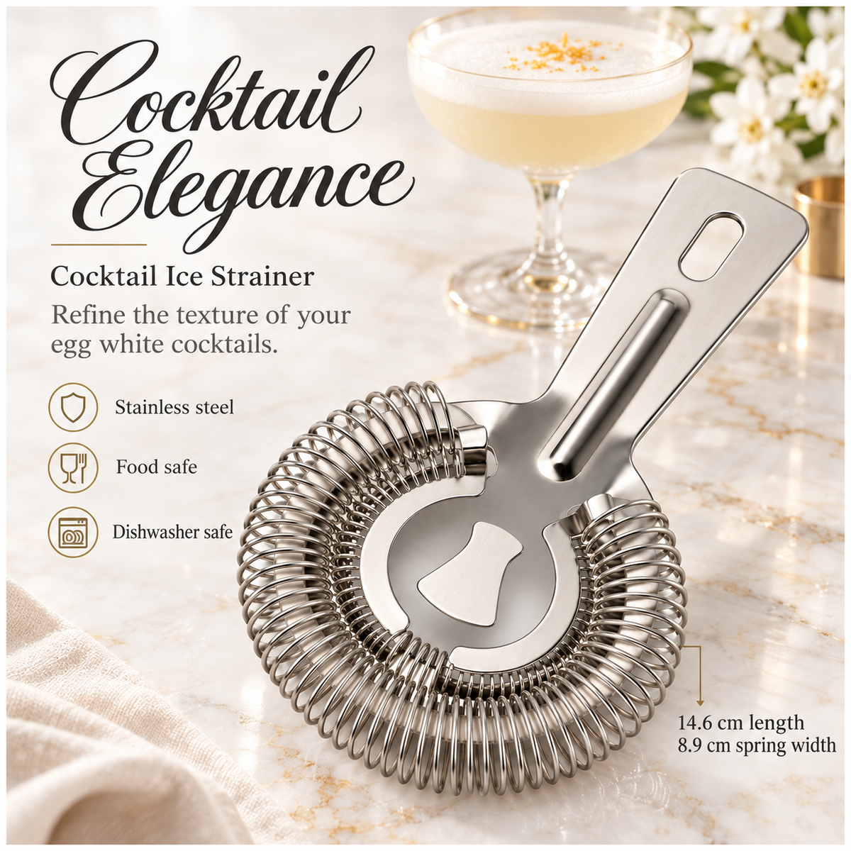 Stainless Steel Cocktail Ice Strainer - Silver Spring Coil - 14 cm