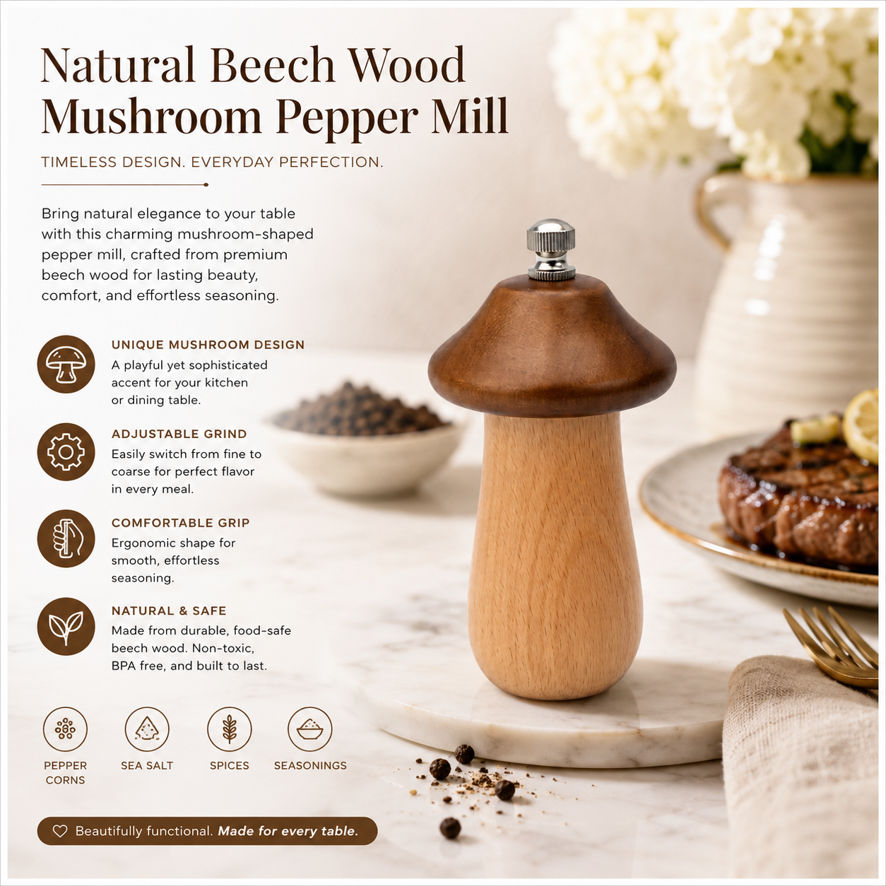 Natural Beech Wood Mushroom Pepper Mill with Adjustable Grind Control-12 cm