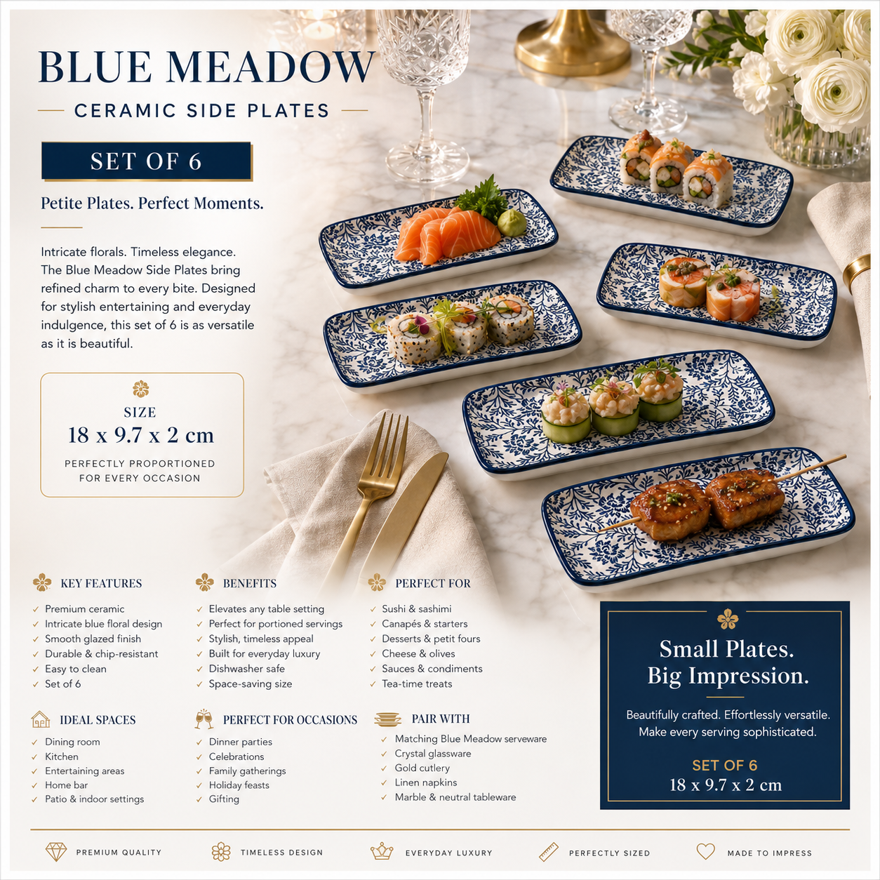 6-Piece Navy Floral Ceramic Side Plates for Luxe Hosting and Everyday Style