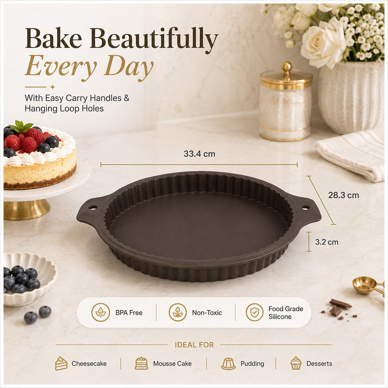 Essential Round Fluted Tart and Quiche Mold -33.4 x 28.3 x 3.2cm - BPA free