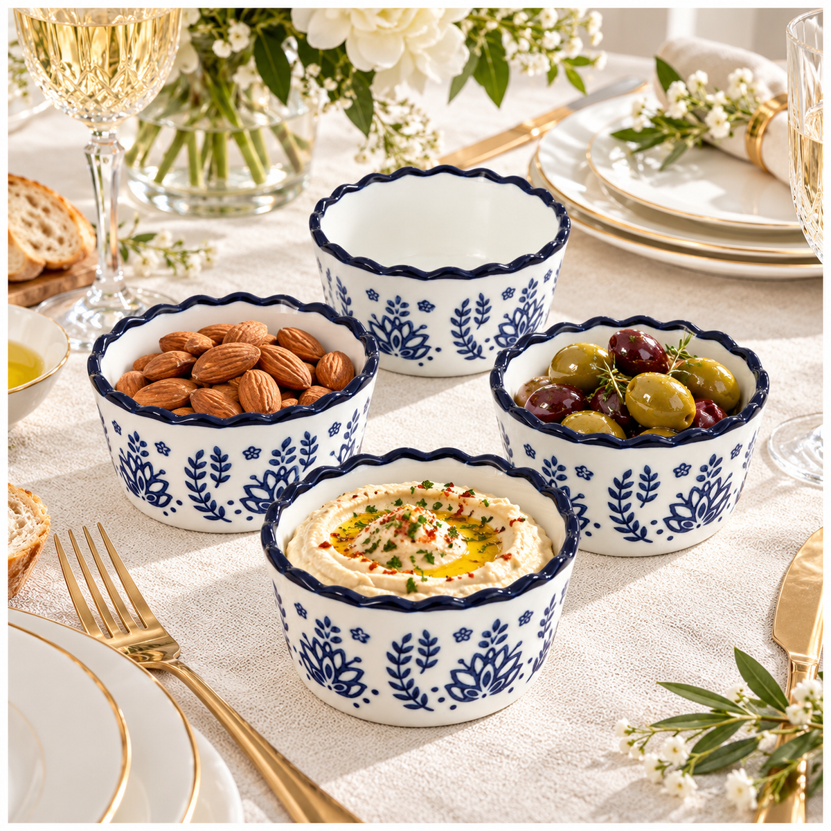Elegant Navy Botanical Porcelain Sauce Bowls – Set of 4 Floral Bowls