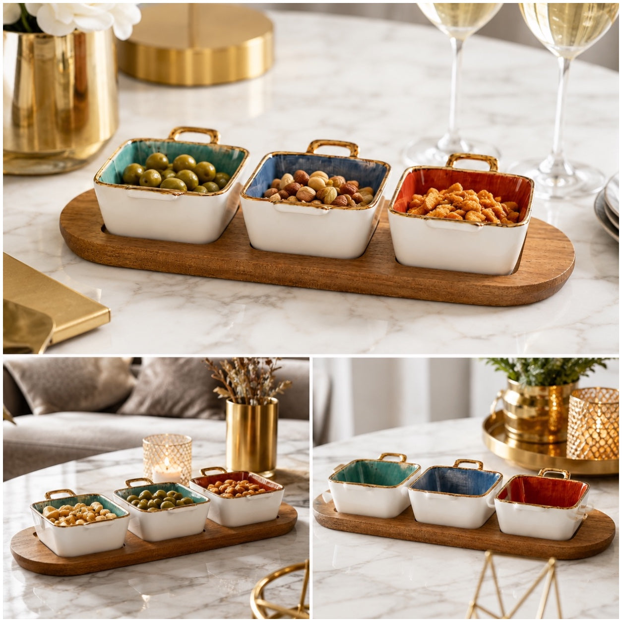 Elegant Ceramic Dessert Bowl Set with Acacia Wood Board - 4 Piece Set