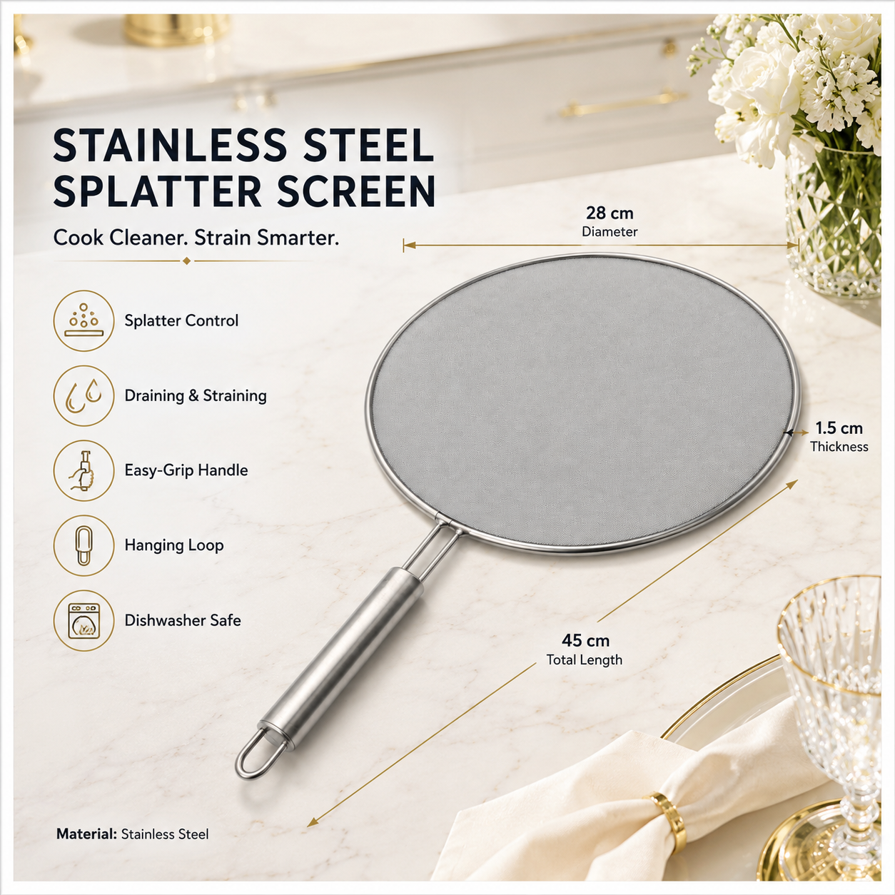 Essential 28cm Stainless Steel Splatter Screen with Easy-Grip Handle