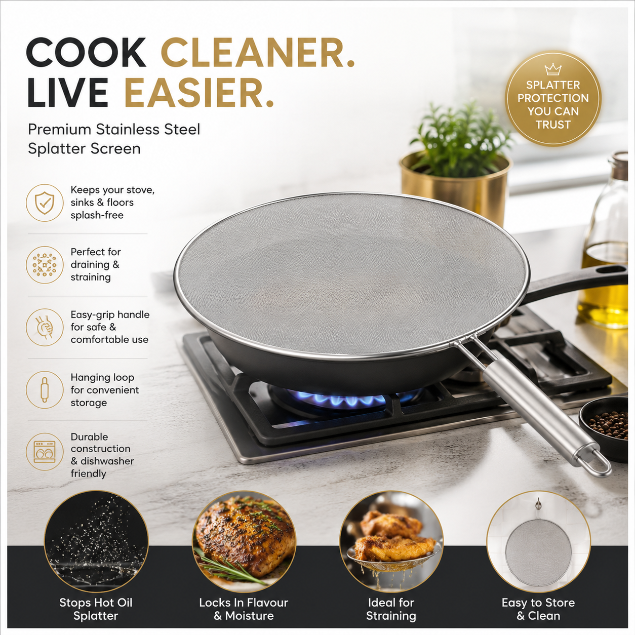 Stainless Steel Splatter Screen with Easy-Grip Handle – 33cm
