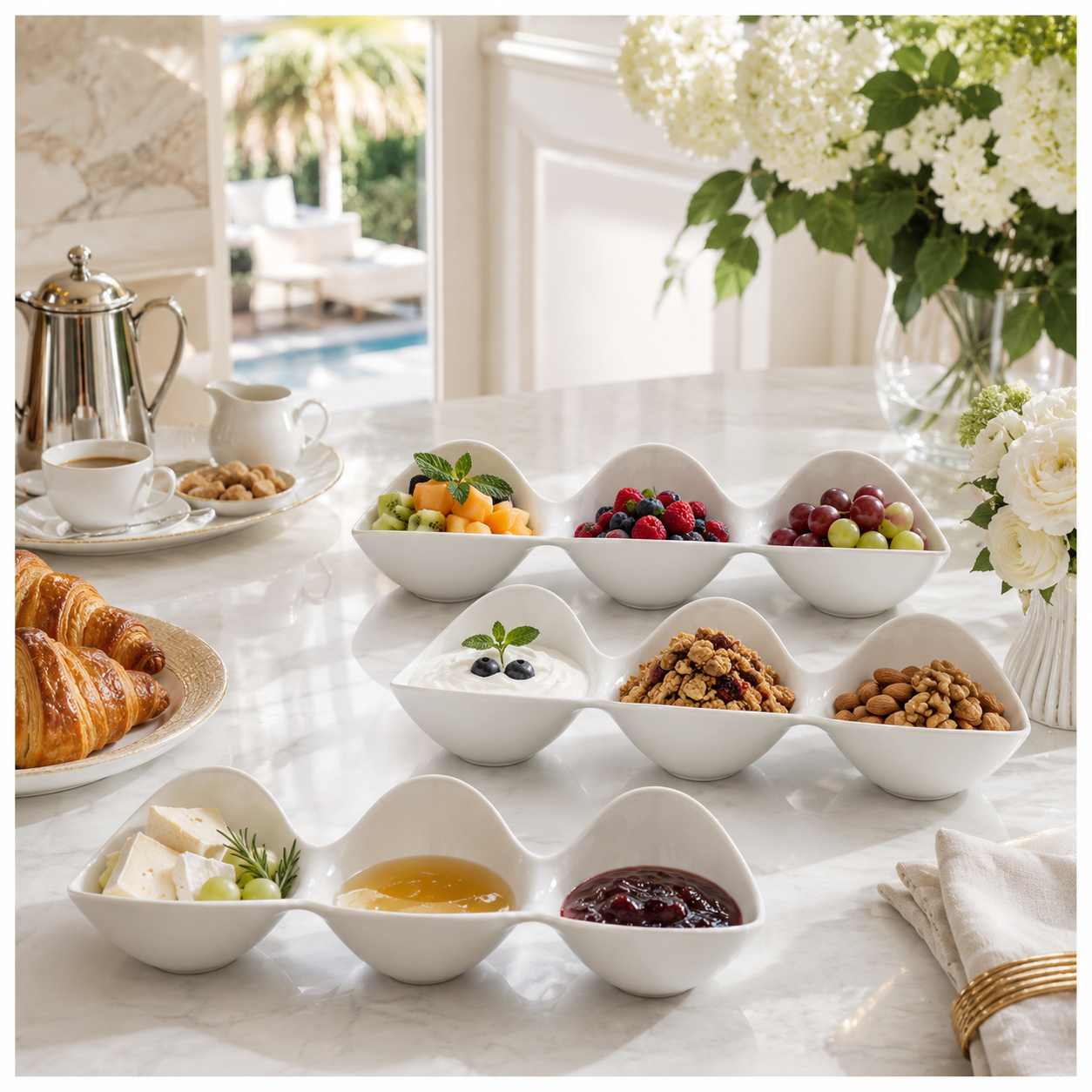 3-Piece White Melamine Triple Bowl Serving Set – 3 x 3-Compartment Bowls