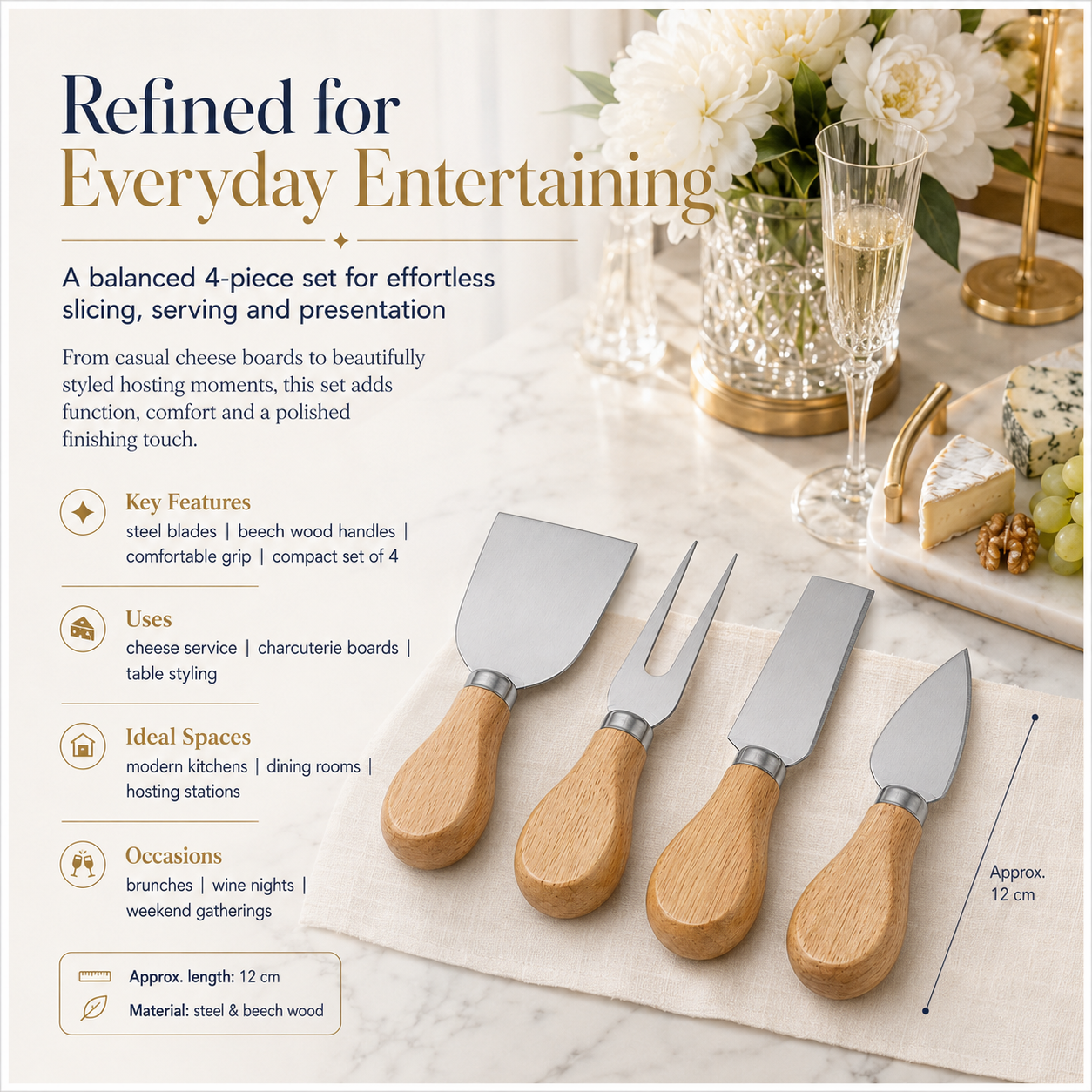 4-Piece Beech Wood Cheese Knife Serving Set - 12 cm