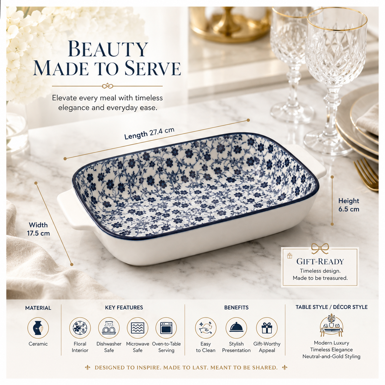 Elegant Navy Floral Ceramic Casserole Dish – 27.4cm - Blue and White