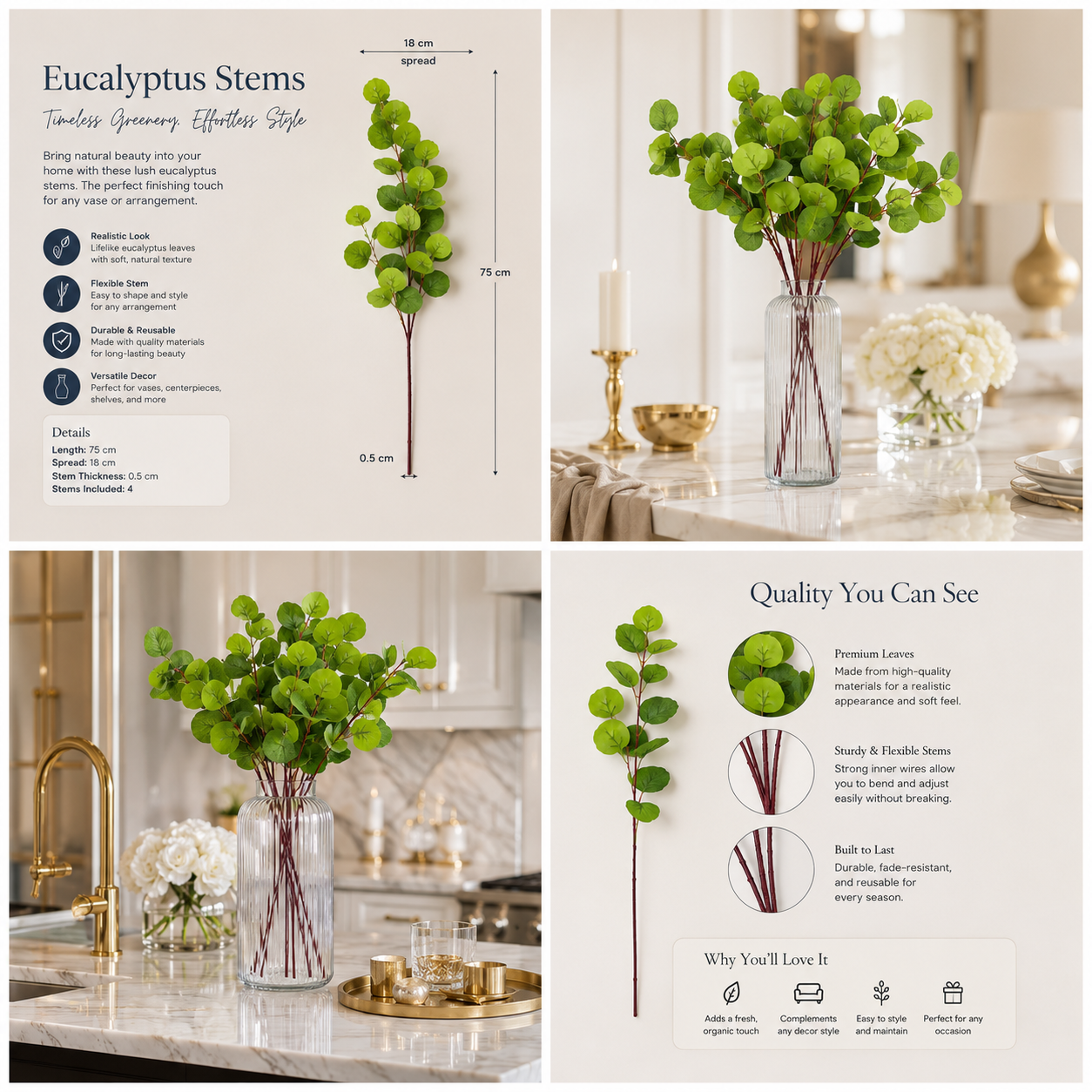 4-Piece Artificial Dollar Tree Eucalyptus Stem Set – 75 cm - Green