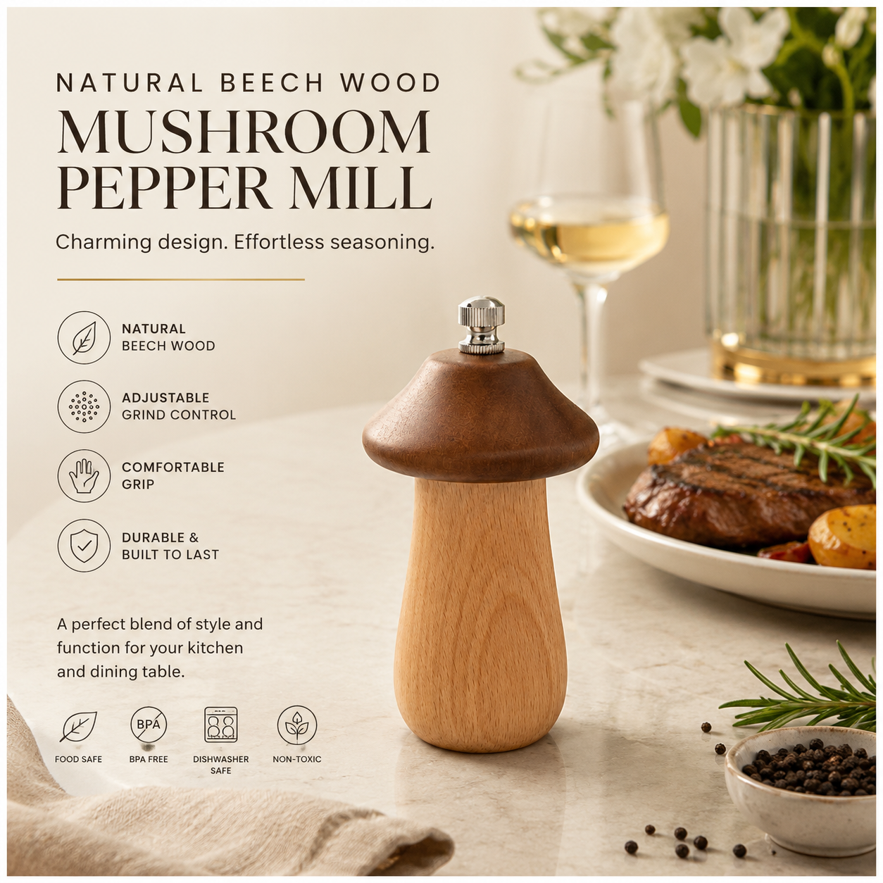 Natural Beech Wood Mushroom Pepper Mill with Adjustable Grind Control-12 cm