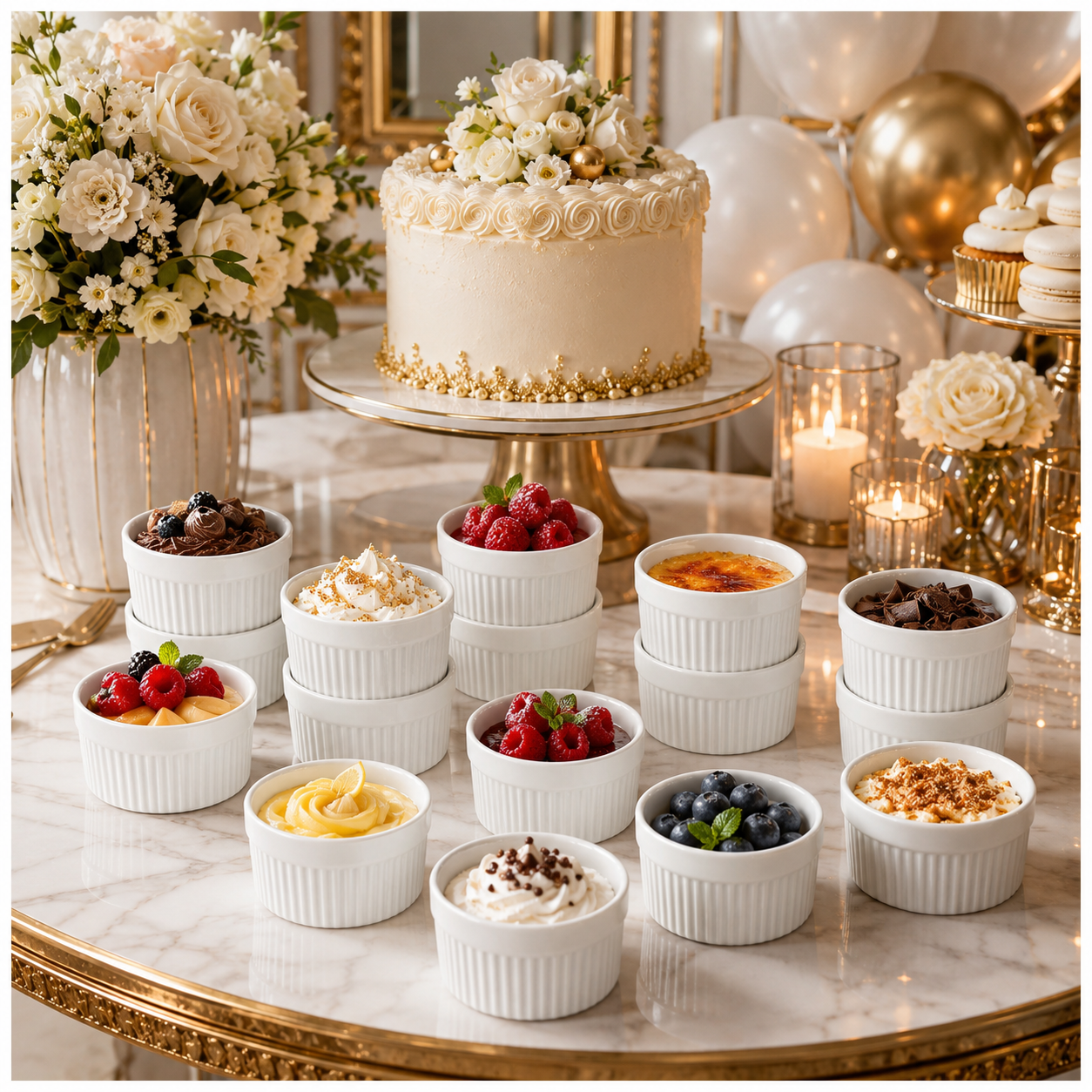 White Porcelain Ramekins Set of 12–Classic Ribbed Dessert and Baking Bowls