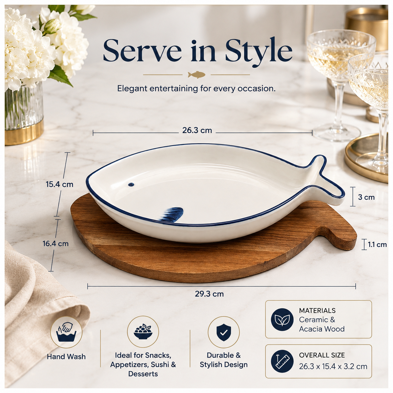Fish Shaped Snack Serving Platter with Wooden Tray – Ceramic & Acacia Wood Serveware Set
