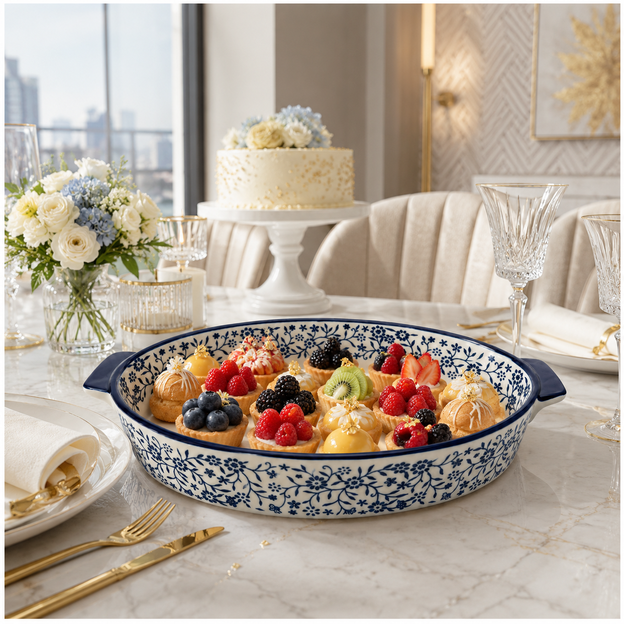 33cm Blue Floral Porcelain Oval Baking Dish with Handles