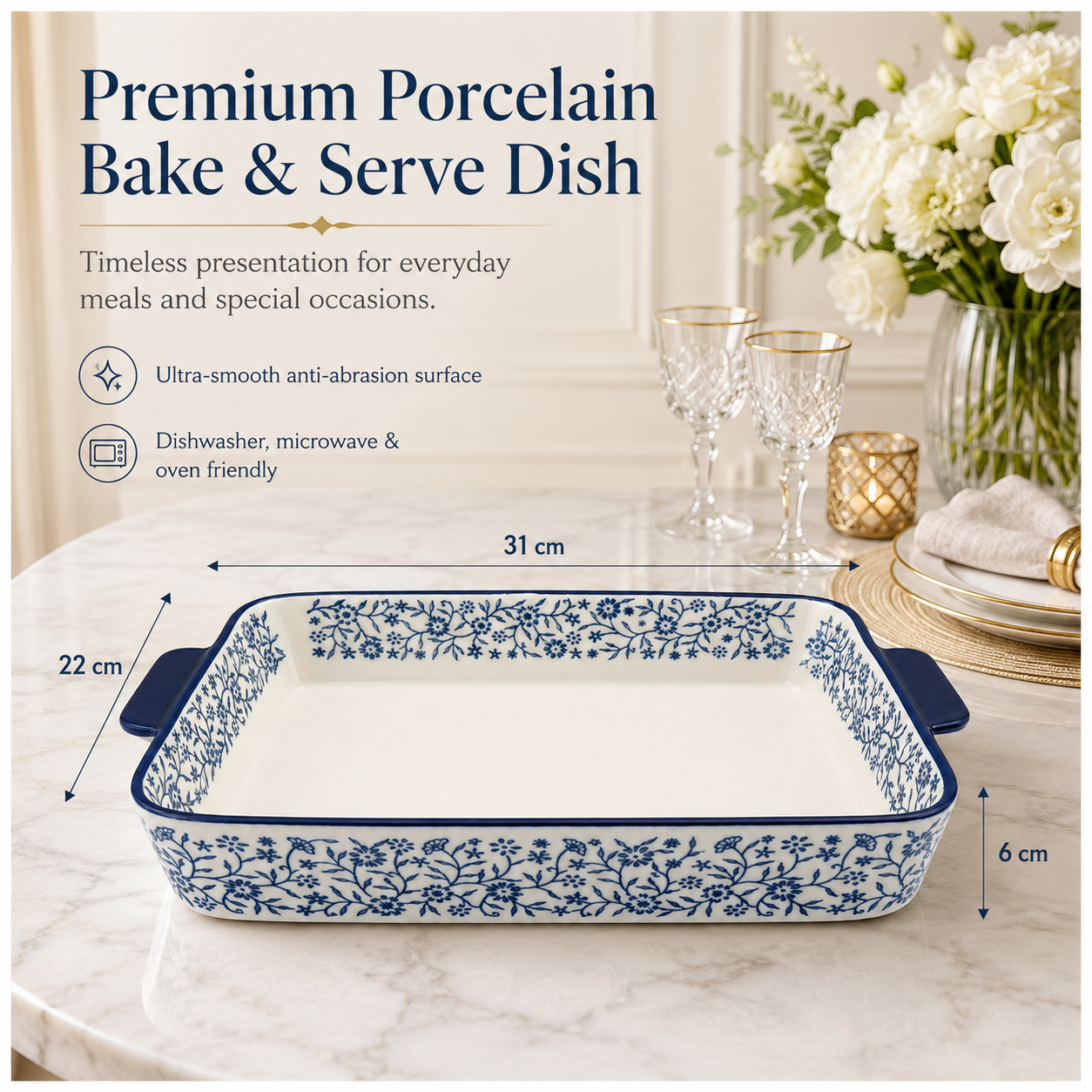 Premium White-Blue Porcelain Rectangular Casserole Dish -Serving Dish -31cm