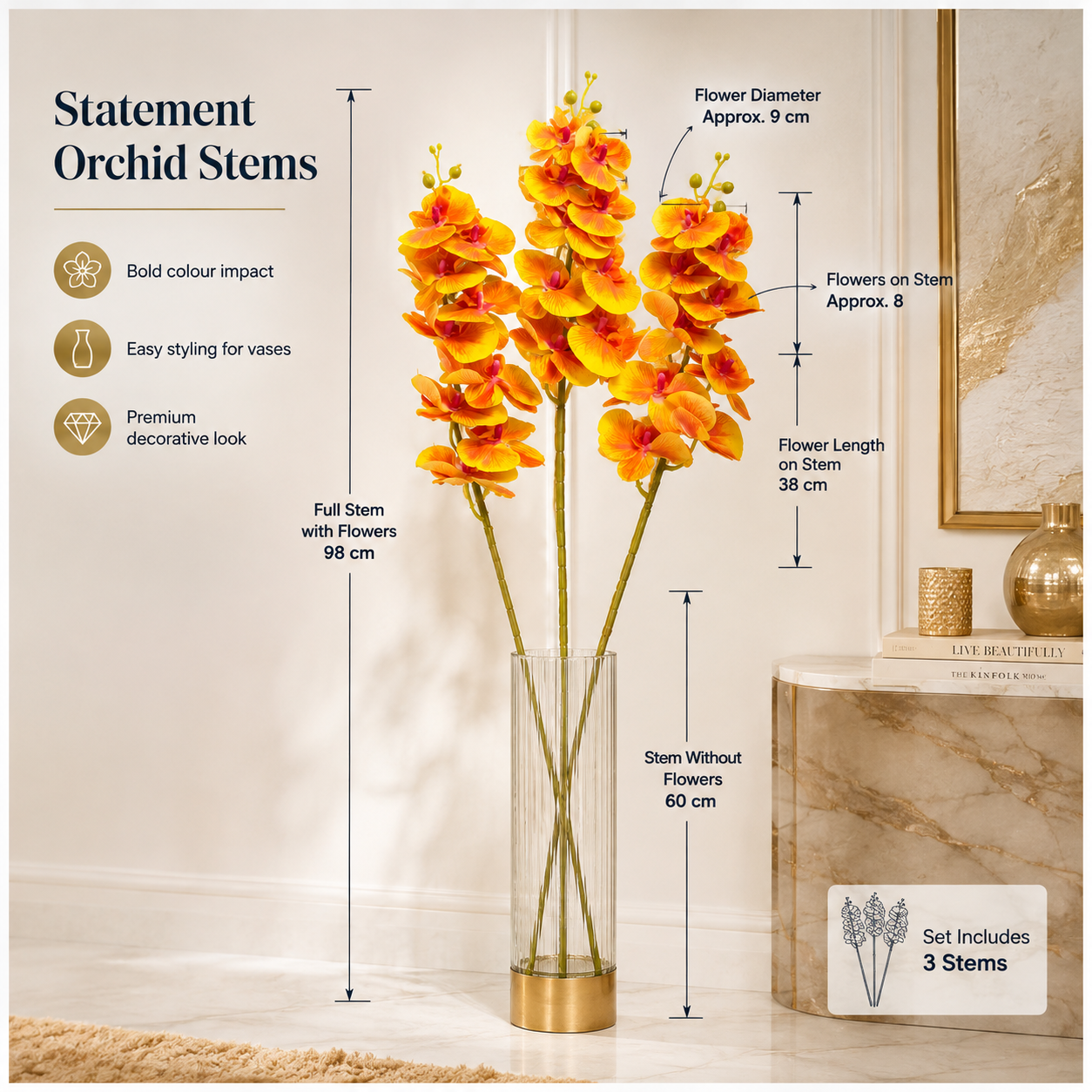 3-Piece Elegant Orchid Flower Stem Set – 98cm Tall, Modern Floral set