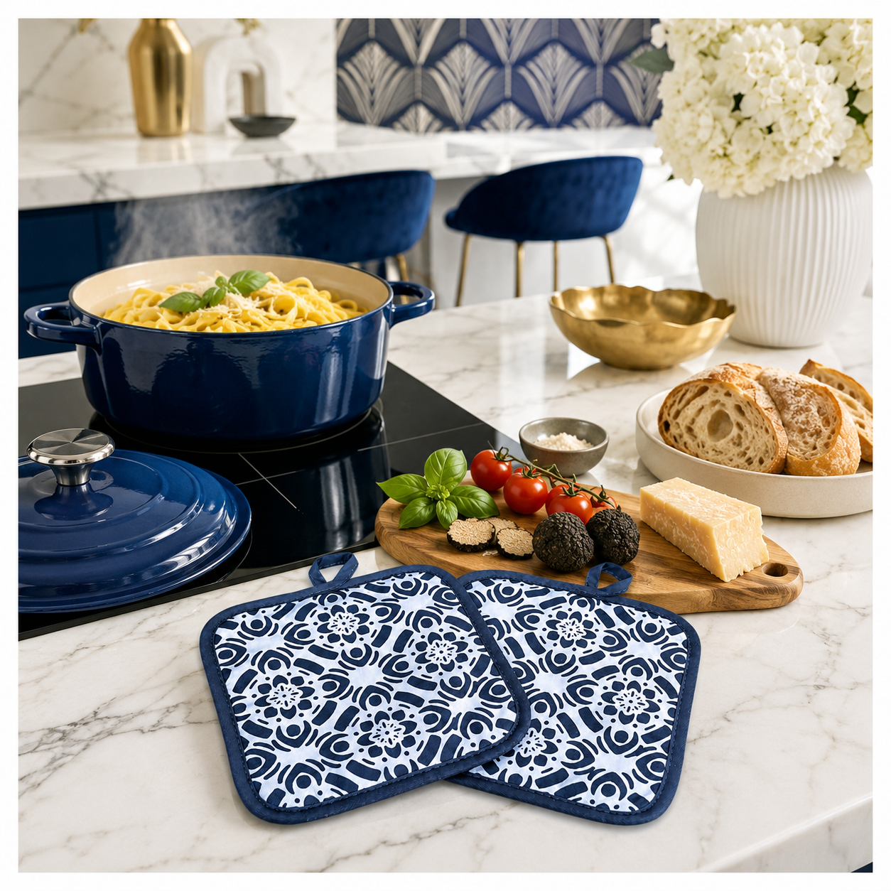 2-Piece Heat-Resistant Cotton Kitchen Potholder Set –Blue and White- 20 cm