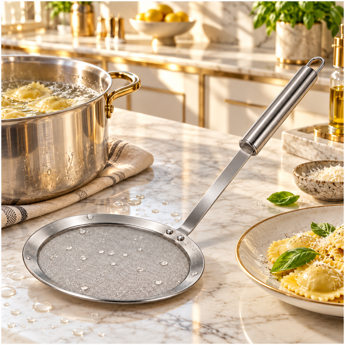 Stainless Steel Fine Mesh Strainer and Skimmer - Long Round Handle Silver