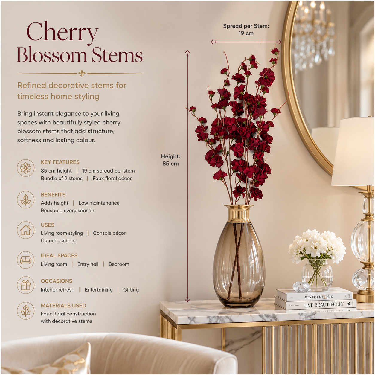 Faux Cherry Blossom Stems – 85cm Decorative 2-Piece Bundle