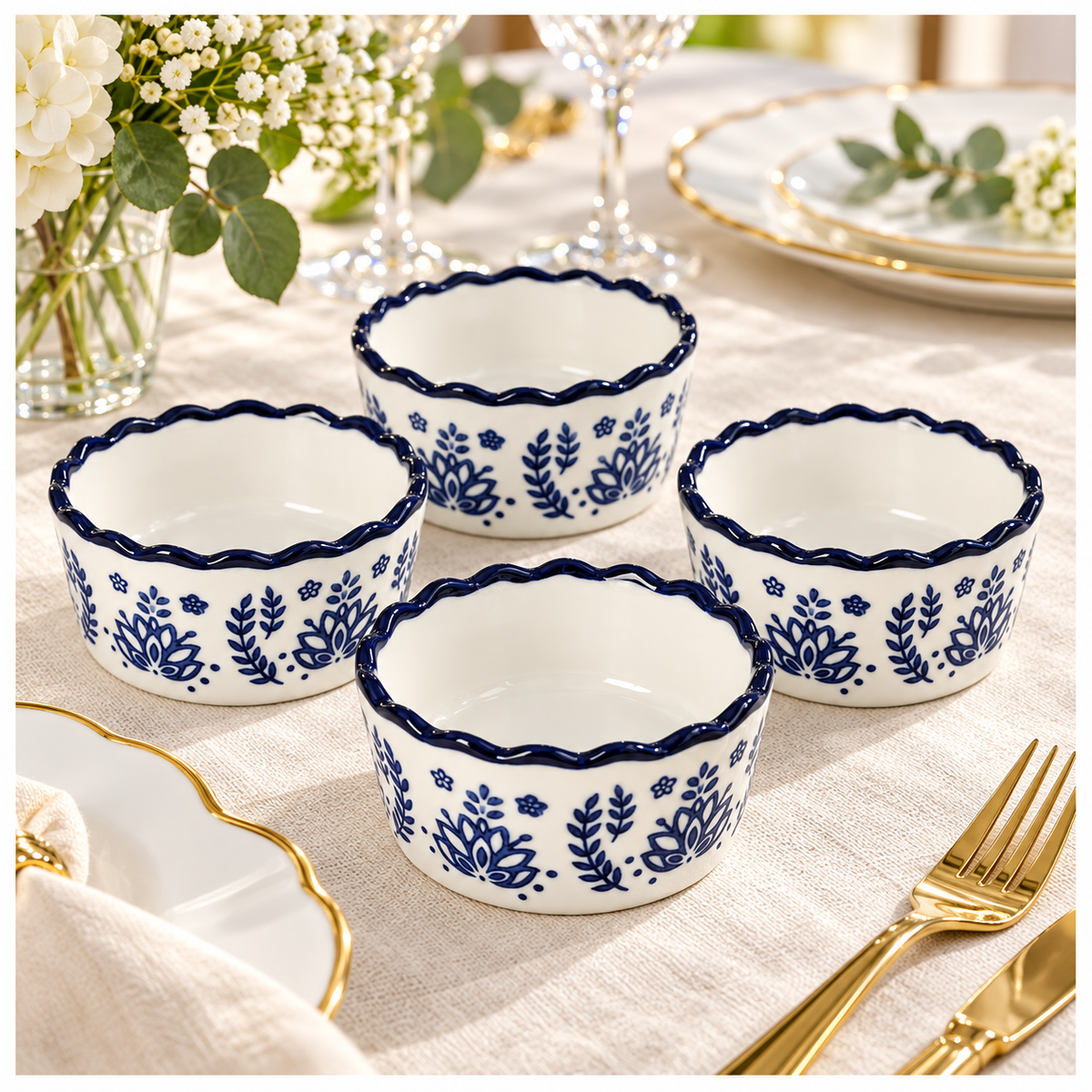 Elegant Navy Botanical Porcelain Sauce Bowls – Set of 4 Floral Bowls