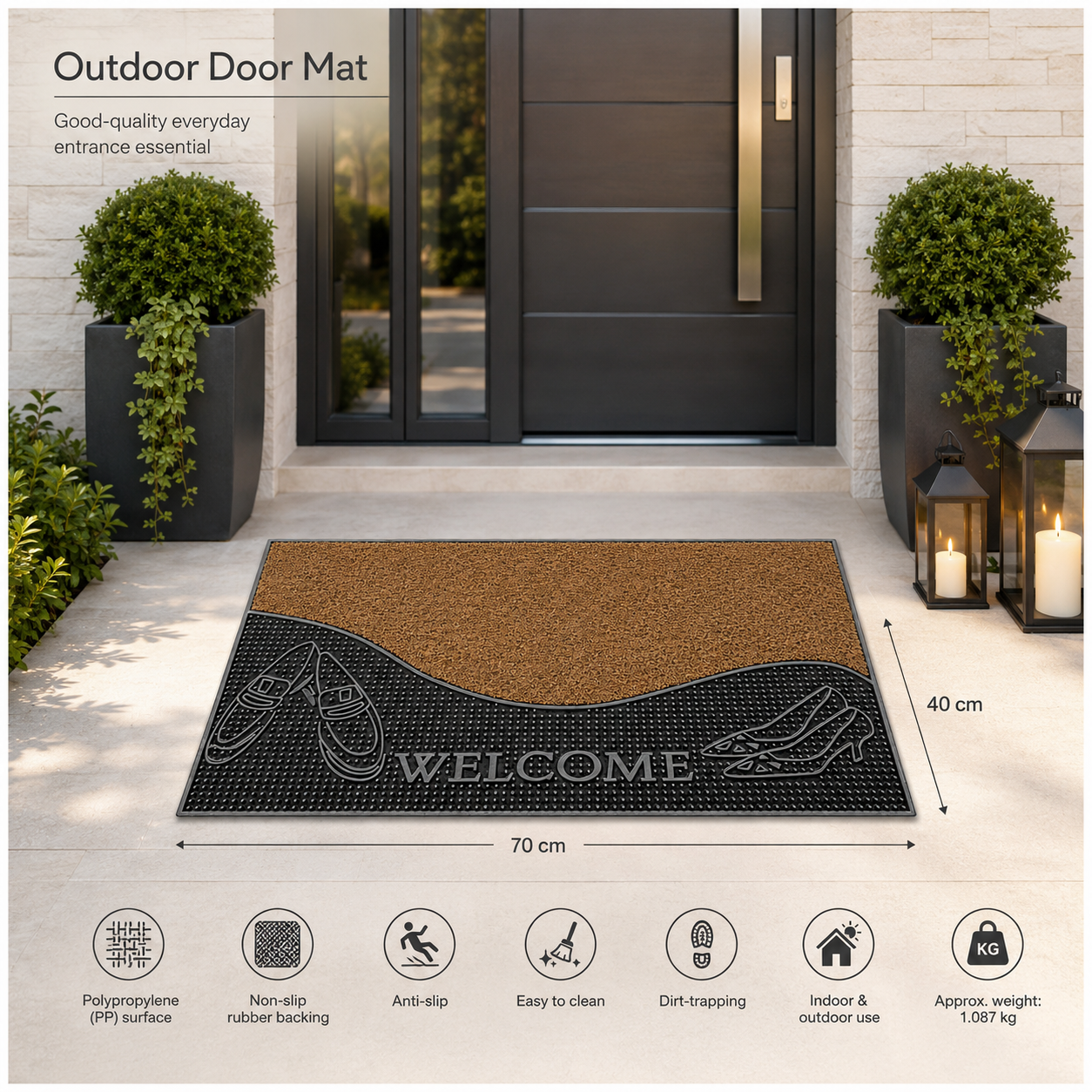 Heavy Outdoor Entrance Door Mat 70 x 40 cm | Non-Slip Dirt Trapper Rug
