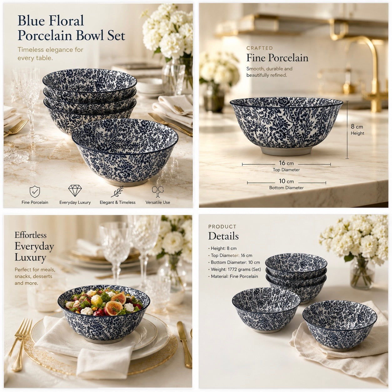 Elegant 5-Piece Blue Floral Fine Porcelain Bowl Set – Fine Dining - 16 cm