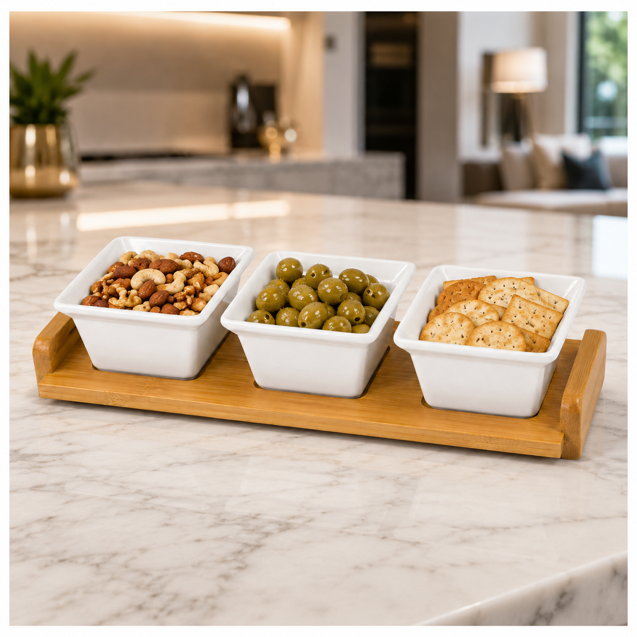 Elegant 4-Piece Ceramic Snack Serving Bowls with Bamboo Tray- 33 x 12 cm