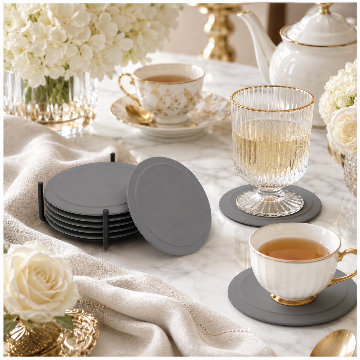 Grey Silicone Drink Coaster Set with Space - 6 Piece Set With Metal Holder