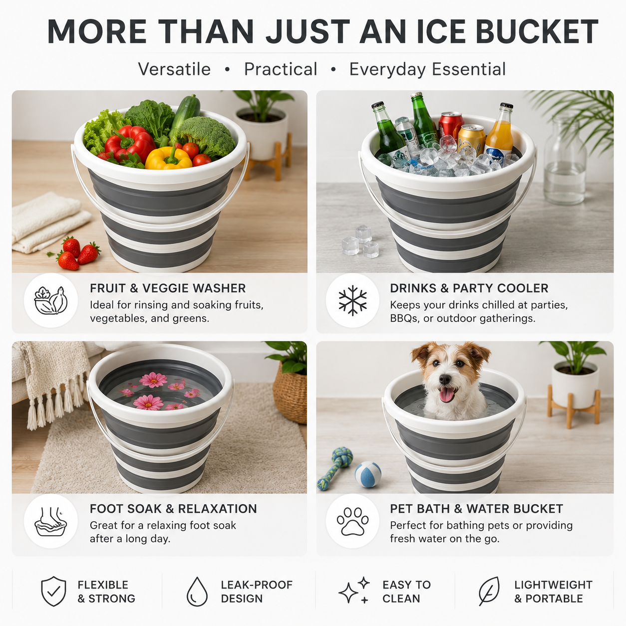 10L Collapsible Ice Bucket White and Grey Portable Space-Saving Bucket