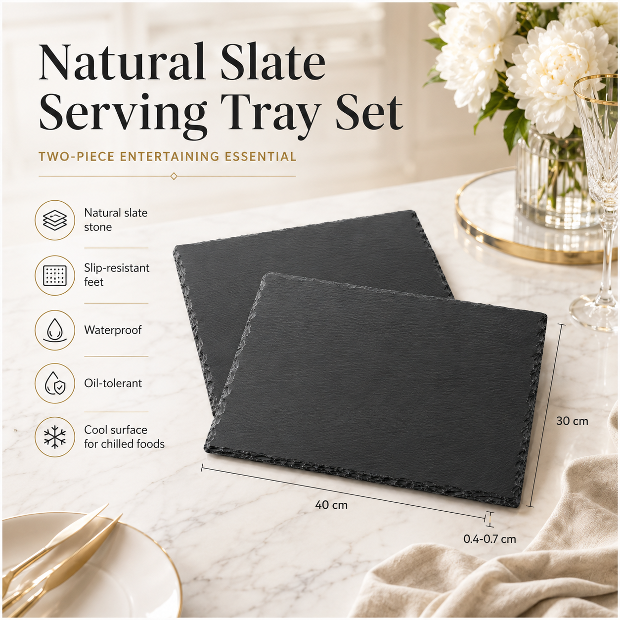Elegant Two-Piece Natural Stone- Slate Serving Tray Set – 40 x 30cm