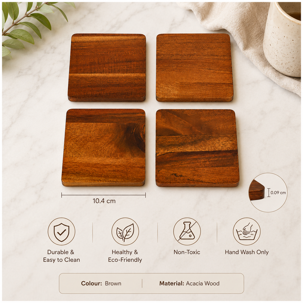4-Piece Acacia Wood Coaster Set – Brown Wooden Drink Coasters- Eco Friend