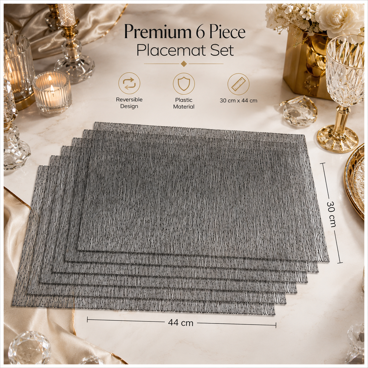 6-Piece Reversible Black Textured Waterproof Placemats – Dining Table Mats