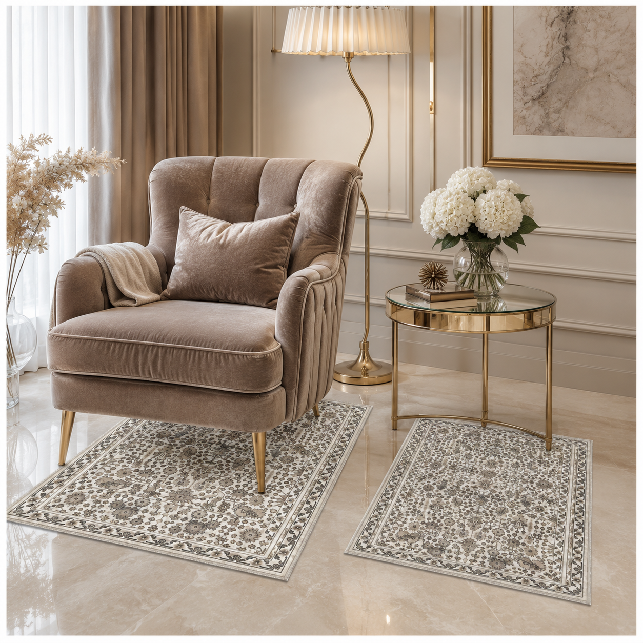 2-Piece Accent Persian Carpet Set–Charcoal Grey and Ivory-50x84cm-60x102 cm