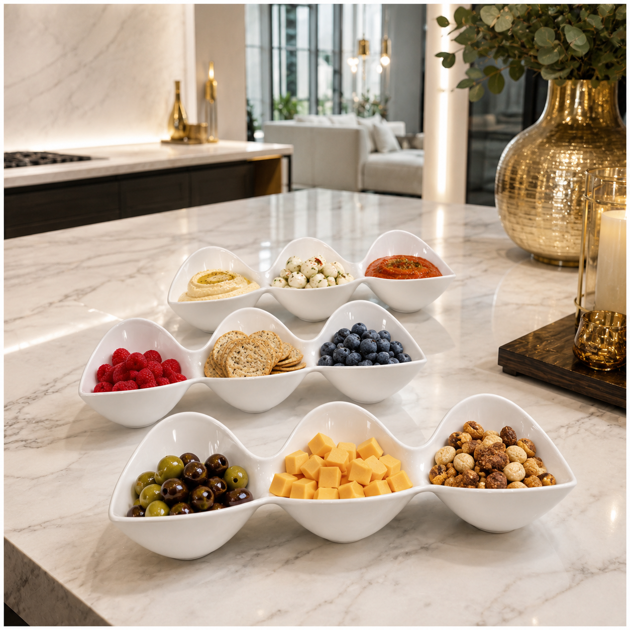 3-Piece White Melamine Triple Bowl Serving Set – 3 x 3-Compartment Bowls