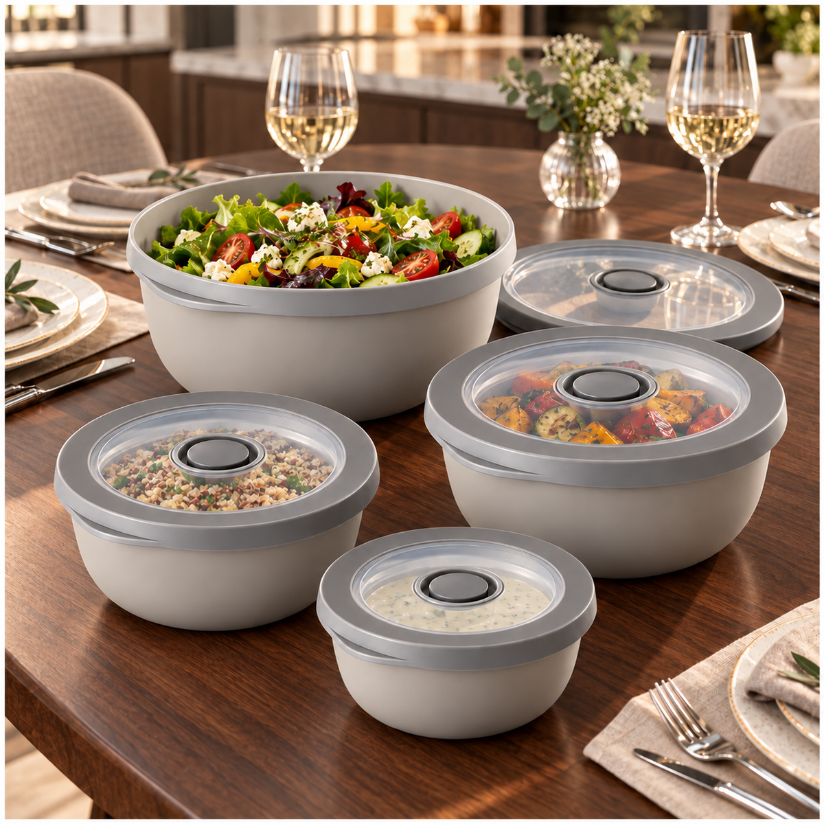 Airtight Round Food Storage Container Set of 4 – Grey, Clear Lids, BPA-Free